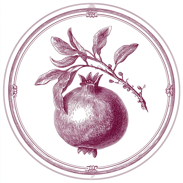 circular medallion emblem featuring a single pomegranate at center with small branch and leaf above, surrounded by a thin circular outline border, classical engraving line work with fine hatching, monochrome deep burgundy color on clean white background, brand crest design, flat illustration suitable for fabric printing