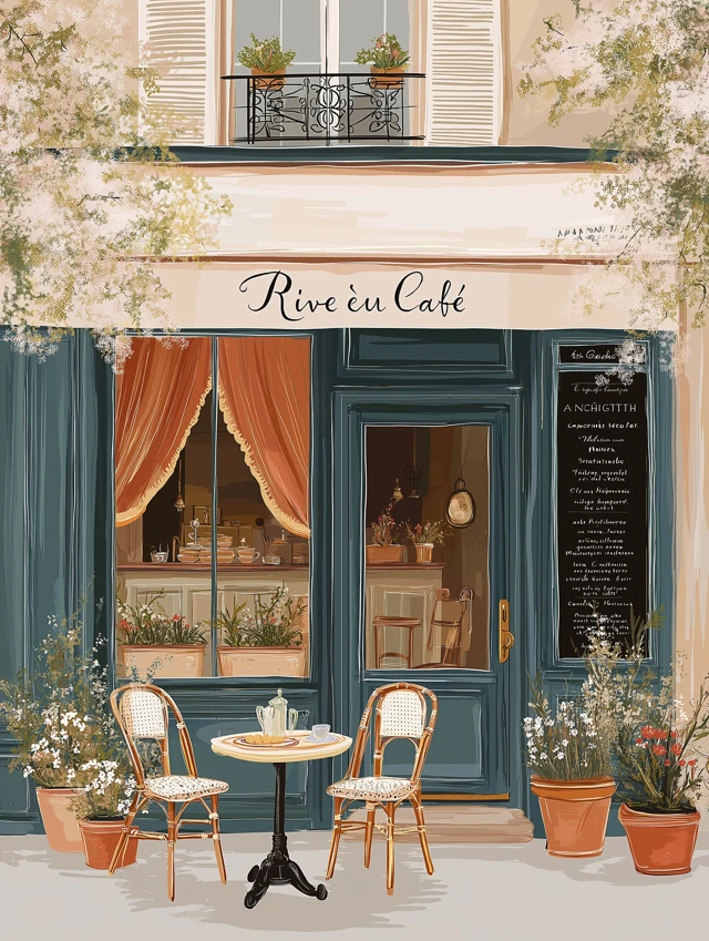A charming hand-drawn illustration of "Rive Gauche Cafe", a Springtime cozy cafe in Saint-Germain-des-Prés neighborhood in Paris’ Left Bank, a table is set for two outside, French minimalism, whimsical energy, graphic art style.