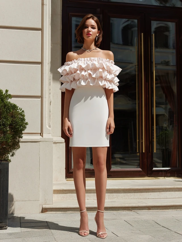 modern elegant off-shoulder midi dress, wide elasticated neckline adorned with layered ruffle trims, double-layer ruffles cascading across the shoulders and upper chest, loose straight silhouette with relaxed drape, subtle cocoon shape tapering slightly toward the hem, above-the-knee length, paired with high heels. a woman in a modern-style outfit poses outside street, front view, wearing the elegant attire.