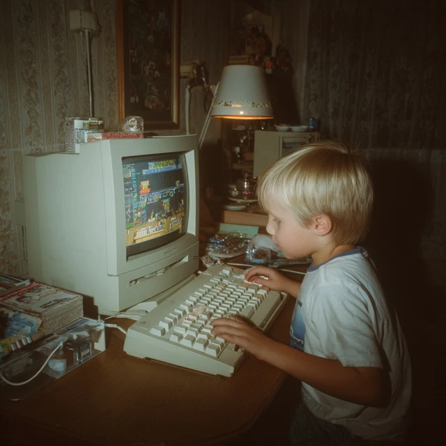 Nostalgic old photos from the 2000s, candid shots: a young boy born in the 2000s, an old desktop computer, a vintage CRT monitor, a bulky white keyboard and mouse, an old wooden desk, a dim, retro-style room, and the child sitting intently playing a single-player computer game with a relaxed expression Atmosphere and Image Quality: Film grain, low saturation, vintage yellowish tones, soft-light "old times" filter, period-appropriate noise, blurred soft light, vintage digital camera quality, intentionally blurred with a sense of age and wear, no beauty filters or retouching, authentic candid shots Environmental Details: Worn wallpaper, vintage desk lamp, old-fashioned curtains, nostalgic knick-knacks, cluttered desk, nostalgic childhood home scene, warm yellow indoor lighting, early 2000s home decor style Translated with DeepL.com (free version)