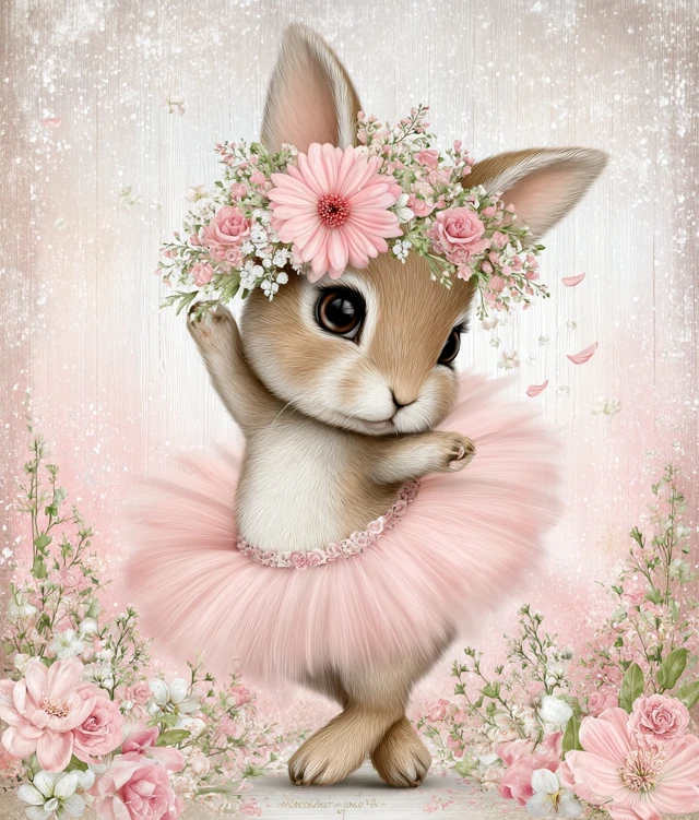 a whimsical cartoon bunny ballerina, rendered in a detailed illustration style, stands center frame. the bunny has light brown fur, white inner ears, and large, expressive black eyes. it wears a voluminous light pink tutu and a flower crown composed of a large pink blossom flanked by smaller pink and white flowers and green foliage. the background is a soft, blurred blend of light pink and white vertical textures, with delicate pink flowers and green leaves subtly appearing along the bottom edges. the overall composition is sweet and child friendly.
