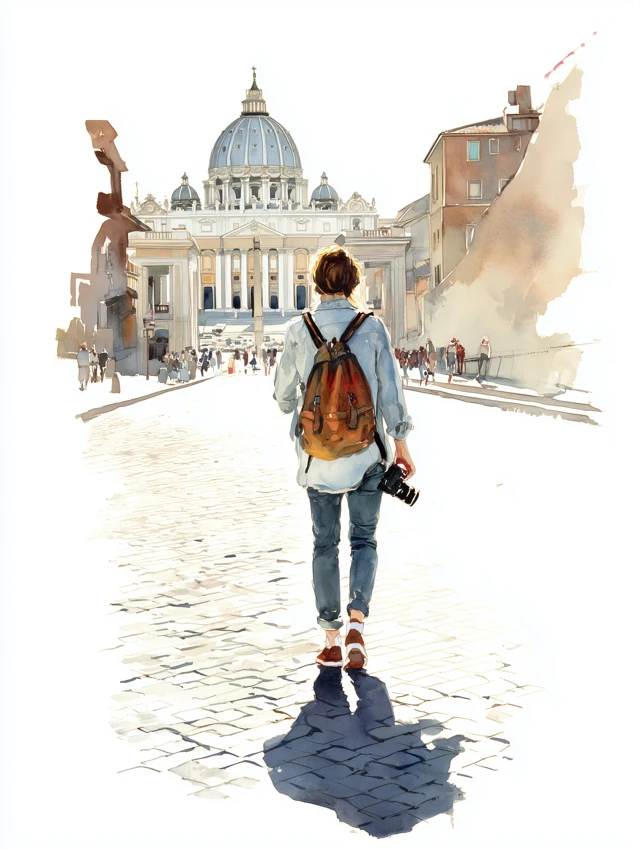 a simple watercolour drawing of the back of a female traveller with a backpack and camera walking down a cobble path in rome with vatican in the distance. The background is bright white, clean, smooth, flat with no texture.