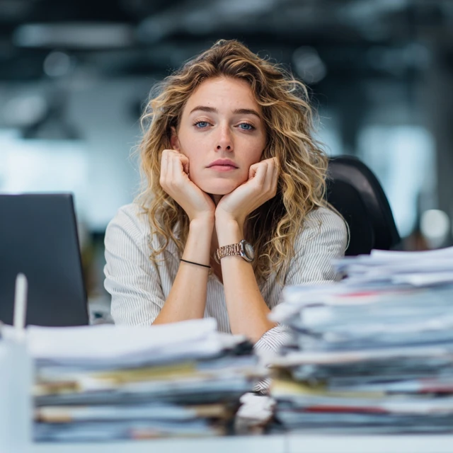 realistic photo of a modern HR manager sitting at a clean desk, overwhelmed with unrelated tasks like paperwork, finance reports, IT cables, customer support messages, minimal office environment, soft natural lighting, neutral tones, shallow depth of field, professional corporate style, no exaggeration, no clutter, high detail, 50mm lens
