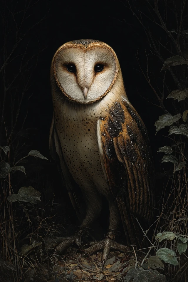 4️⃣ a detailed oil painting of a barn owl at night. the owl's light colored face and chest contrast with its darker, speckled brown wings and back. it is standing upright, with its talons visible gripping a dark ground covered with some brown and green foliage. the background is deep black, suggesting a dark night, with hints of very dark, indistinct foliage and branches creating a sense of depth around the owl. the overall mood is quiet and nocturnal, emphasizing the owl as the central illuminated subject.