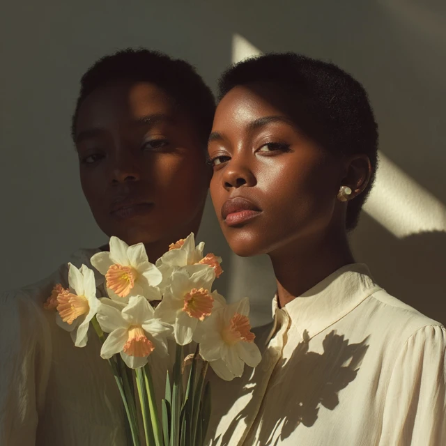 minimal luxury aesthetic, soft cream tones, natural light, skin-like textures, editorial beauty photography of ethnic looking women, muted palette, soft shadows, spring time flowers, effortless, high-end campaign