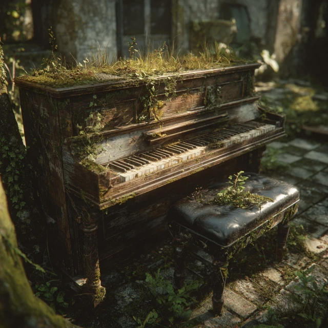 ultra-realistic cinematic wide shot of an abandoned upright piano in an overgrown garden corner, decayed and weathered wood with visible rot and cracks, the piano lid covered in thick soil and tangled dry brown grass, traces of once-living plants now wilted, moss and small green vines creeping over the surface broken and uneven piano keys, aged ivory and darkened wood, high detail texture beneath the piano, a worn vintage black leather bench with cracked surface and faded color, placed on a rough gravel ground with scattered debris surrounded by dense foliage and wild vegetation, under deep tree shade a strong, irregular beam of sunlight piercing through leaves, dramatically illuminating the dried grass on top of the piano, creating high contrast natural lighting and cinematic shadows background includes a partially collapsed wall and neglected garden ruins shot on 50mm lens, shallow depth of field, natural color grading, soft film grain, realistic lighting, volumetric light, cinematic atmosphere, highly detailed, photorealistic, 8k