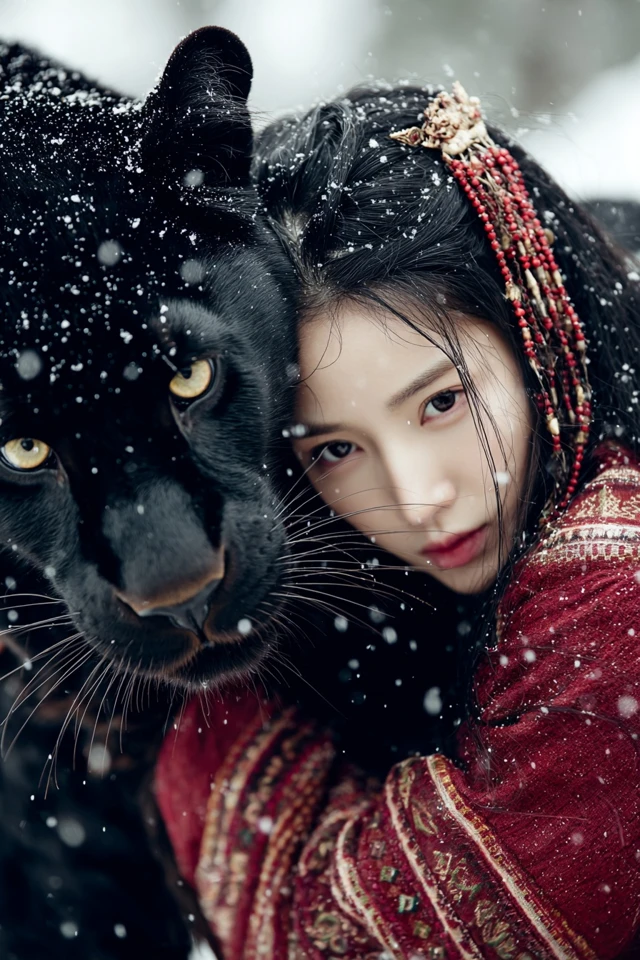 a detailed portrait of an east asian woman and a large black panther against a snowy background. the woman wears a red garment with intricate light colored patterns. her dark hair frames her face, and her eyes are directed at the camera. a decorative hairpiece with red string and gold beads is in her hair. the black panther's head is partially visible, with bright yellow eyes and white whiskers. snowflakes are scattered across both the panther's fur, the woman's hair, and her , enhancing the winter scene. the overall lighting is cool.