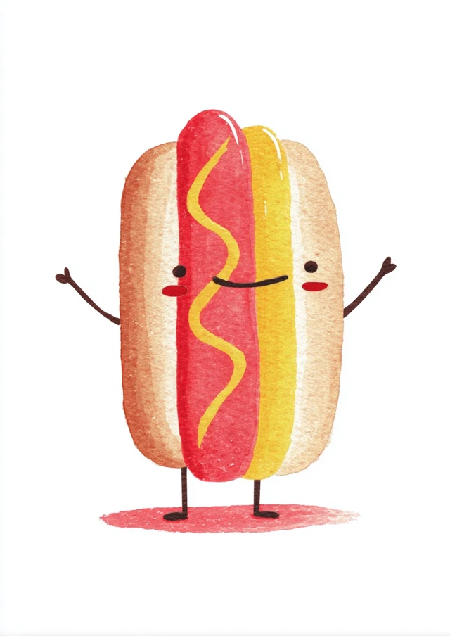 A watercolour illustration of a food hot dog celebrating. Style: Watercolour illustration with geometric simplification tool: Smooth, matte finish with texture stroke size: Minimal to none, mostly absent medium: Illustration line quality: Outlines stroke weight: Thin to medium weight where present stroke behaviour: Consistent, controlled edge treatment: Edges with flat color fills. Detail level: Medium, simplified geometric forms color palette: Bright accents shape language: Driendly geometric shapes rendering style: Simplified, cute, stylized food character composition: Centered subject background treatment: Solid flat color field