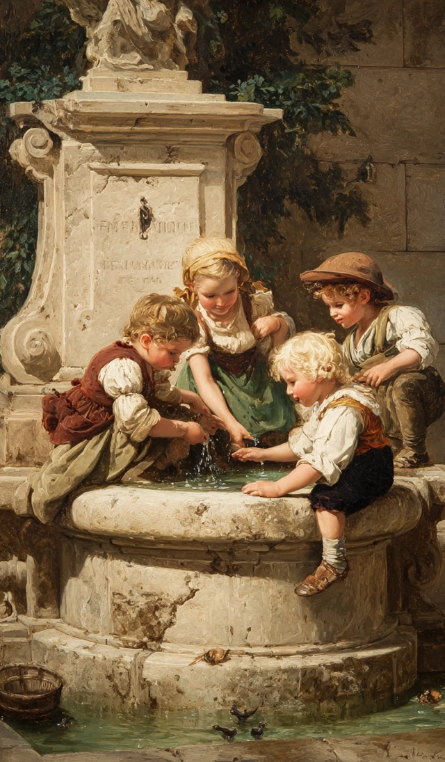 A renaissance classical oil painting of a small group of 4-5 children playing in a stone fountain.