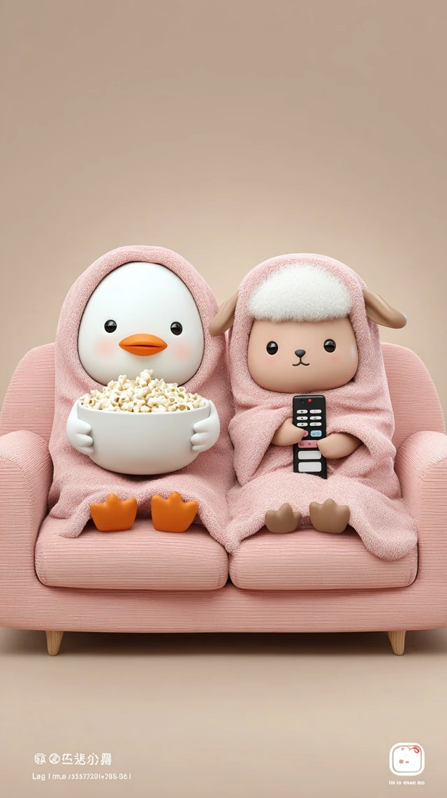a full shot of two animated characters, a white duck on the left and a white sheep on the right, both covered by pink blankets, sitting on a pink sofa against a light beige background. the duck holds a white bowl of popcorn. the sheep holds a silver and black remote control. both characters have simple, round black eyes. the duck has an orange beak and feet, while the sheep has a light brown face and feet. the sofa is a two seater with plush cushions. the image has a clean, minimalist style. there's a small watermark at the bottom right corner showing a white icon and chinese text: "小红书" and "小红书号: 26285134643".