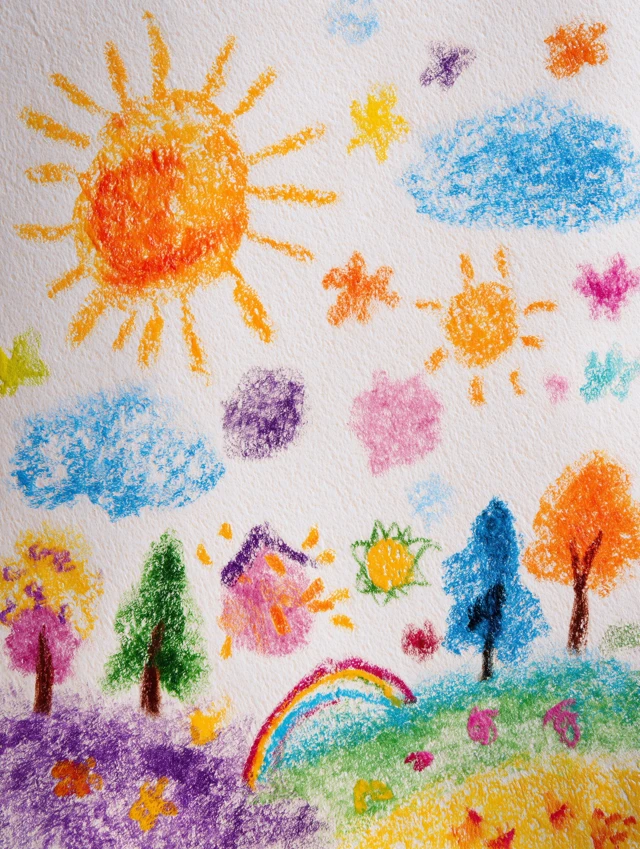naive kindergarten childlike drawings and scribbles, colorful crayon and watercolor textures, playful composition, bright cheerful colors, joyful and imaginative