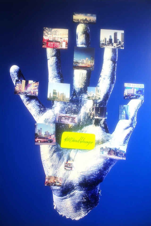 imagine prompt: hand and city, a dramatic surreal composition of an oversized painted hand assembling fragments of a city in midair, cutaway buildings, windows, rooftops, staircases, and street grids hovering around the fingers like a ritual construction, flattened background with minimal depth, hyper-saturated deep violet, acid lime, and bone white, poetic, symbolic, aggressive, contemporary artist-made image, mixed-media painting, realized with oil paint, airbrush gradients, lacquer varnish, collage-like architectural cutouts, visible brushwork, glossy layered textures, museum-quality contemporary artwork