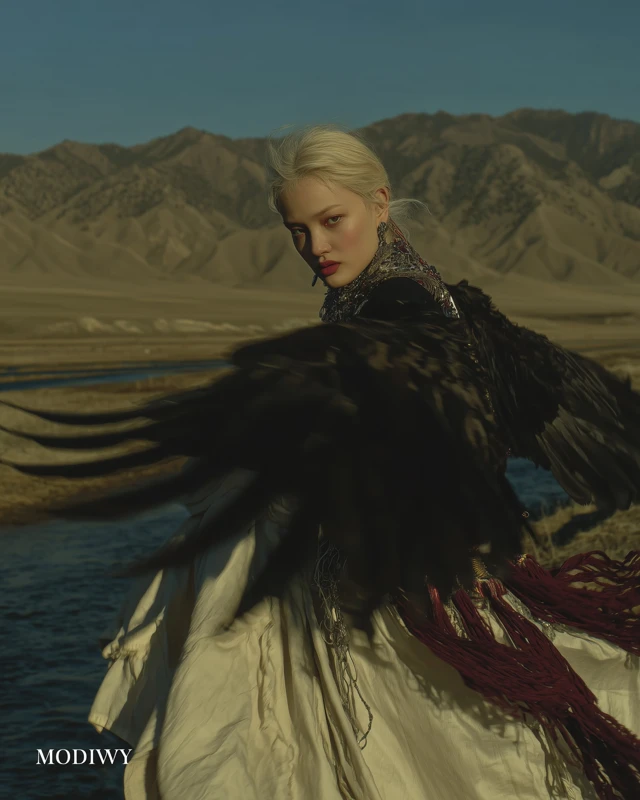 Вот промт для Midjourney v7, составленный с учетом всех ваших требований. Он фокусируется на динамике, размытии движения и создании "крыльев" из бахромы на фоне сибирской природы. Описание внешности модели детализировано согласно вашему запросу. Prompt для Midjourney v7: An ethereal, dynamic full-body fashion editorial capturing a young Caucasian woman with striking almond-shaped, narrow eyes and flowing platinum blonde hair. She is captured in powerful, blurred motion, twirling and leaping across a rugged, misty Siberian mountain ridge overlooking a winding river valley at golden hour. Her pose is completely non-static, a dance of light and shadow, not a clear portrait. She wears a modernized Erzya-inspired white linen costume with abstract red embroidery and multi-layered silver coin jewelry that creates a blur of light trails. The most prominent element is a massive, spreading black shawl with extremely long, trailing black fringe, which is blurred into a magnificent, feathered 'wing' form, extending dramatically from her shoulders and above her head, suggesting powerful bird wings in flight. The fringe is a textured swirl. Her figure is abstract, semi-material, and defined by movement, blending into the surrounding ancient rock formations, resilient taiga flora, and distant snow-dusted mountains. Atmospheric lighting, heavy motion blur, long exposure aesthetic, film grain, cinematic, sense of ancient hidden power. Focus is entirely on dynamic energy and abstract flow, not sharp detail. Shot on Hasselblad