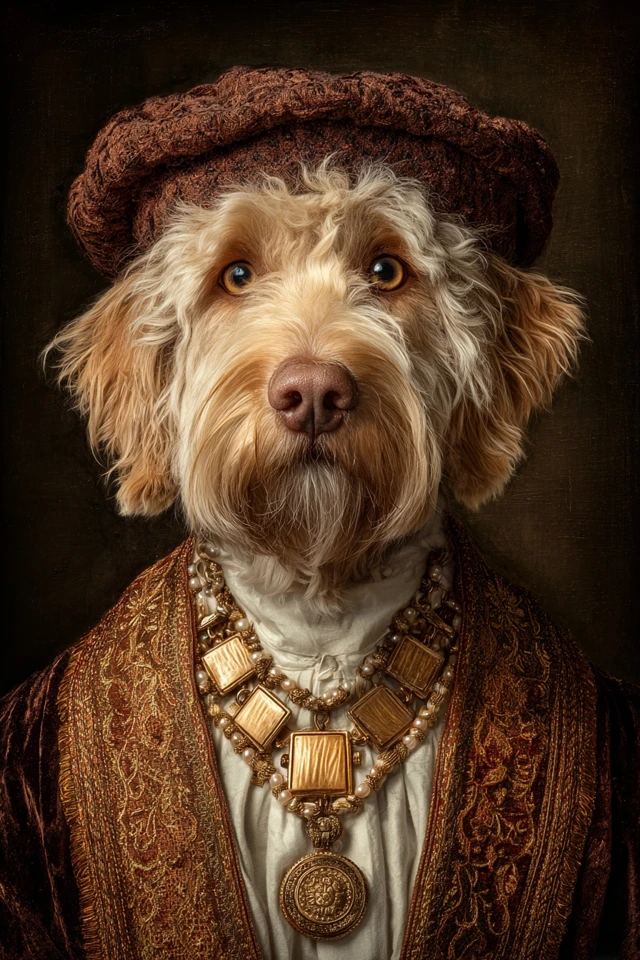 a goldendoodle dog is featured in a highly detailed, classical portrait, presented as an oil painting. the dog has a shaggy, light tan coat and expressive brown eyes. it is dressed in period attire, including a dark reddish brown, textured cap, a plain white , and a heavily embroidered, warm brown and gold brocade robe. a complex, multi layered gold necklace with a large circular pendant and three smaller, rectangular gold charms hangs around its neck and chest. the background is dark and indistinct.