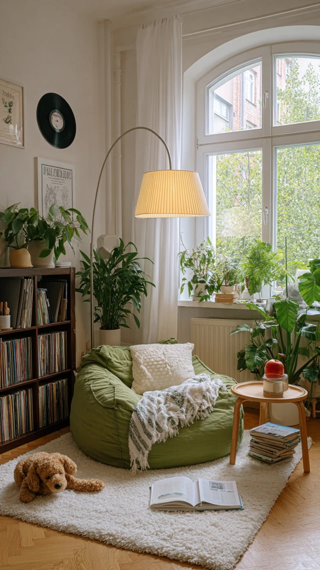a cozy, brightly lit room with a large window on the right featuring sheer white curtains. in the center, a green bean bag chair with a cream colored, diamond patterned throw pillow and a striped blanket draped over it rests on a white, shaggy rug. to the left, a dark wooden bookshelf holds numerous books and records. a stuffed puppy toy and an open book are on the rug in the foreground. to the right of the bean bag chair, a small round wooden side table with a cup of coffee, an apple, and a stack of books is illuminated by a tall, arcing floor lamp with a pleated shade. various potted green plants, including monsteras and ferns, are arranged throughout the room. two framed items, one a vinyl record, hang on the wall above the bookshelf.