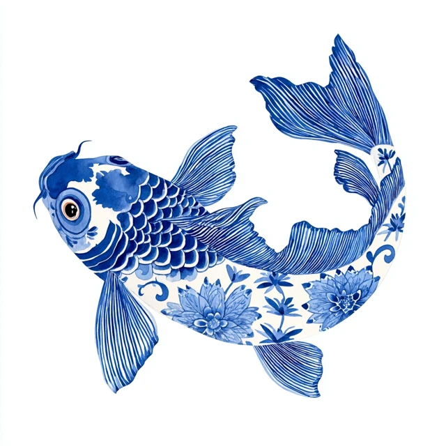 blue and white watercolor Chinoiserie koi fish, high detail , high resolution, isolated on a white background