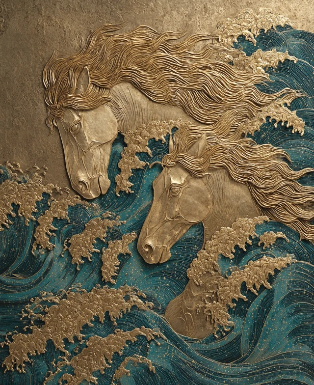 A gold-leaf-textured artwork depicts two exquisitely sculpted horses intertwined with golden waves. The head of the upper horse is clearly visible, its flowing mane and galloping posture striking. The lower golden horse also possesses a lustrous mane and a beautiful body, parts of its body and limbs disappearing into the flowing golden waves, within which aquamarine starlight is hidden, the blue shimmering like the Milky Way weaving through ocean waves. The entire piece radiates a luster, presenting a metallic texture, as if sculpted.