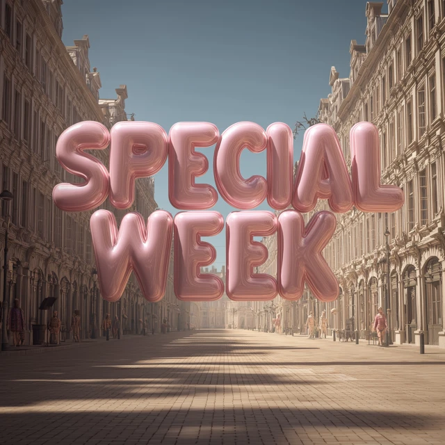 large scale pink inflatable balloon typography spelling "SPECIAL WEEK", standing on an empty european street, symmetrical composition, strong vanishing point, cinematic framing, golden hour sunlight, soft warm shadows, ultra realistic, 3d render, glossy surface, subtle wrinkles on balloon, depth of field, 8k