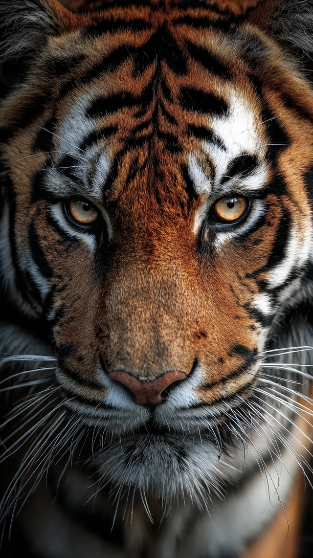 Close - up of a tiger's head, its eyes blazing with fierce determination. Dramatic side - backlight creates a strong contrast between the light - bathed fur and the shadowy recesses, highlighting every whisker and the intensity of its gaze. High - dynamic - range to intensify the vivid colors of its orange and black coat. Film grain adds a touch of authenticity. A low - angle 仰拍 to emphasize its dominance. Capture the moment of a powerful growl, with a slow - motion - like effect and a bit of lens tremor for added impact.
