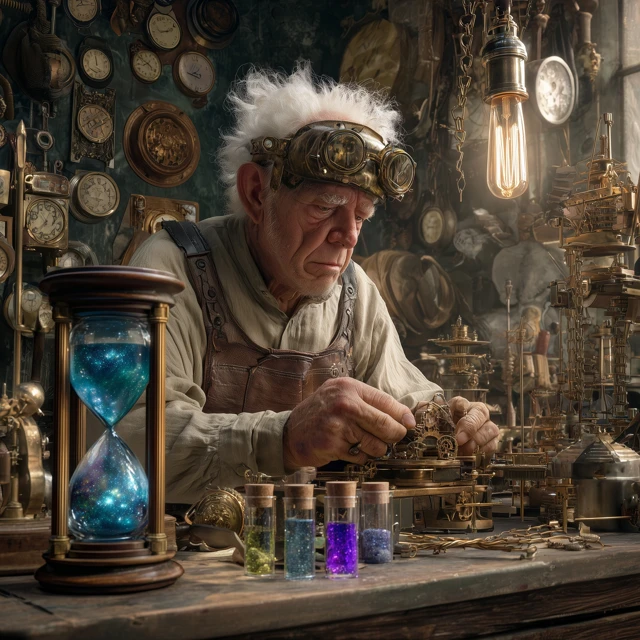 A detailed, high-resolution photograph of a cluttered, steampunk-Victorian watchmaker's workshop. An elderly master clocksmith, with concentrated lines on his face and white hair, wears complex brass goggles on his head and a well-used leather apron over a linen shirt, meticulously adjusting a tiny brass gear within a complex, exposed-gear clockwork mechanism with fine tools (pliers). The large wooden workbench is scattered with loose gears, files, and small tools. In the foreground, among the clutter, are several magical and unique items: a large, ornate brass and wood hourglass containing a vibrant, glowing blue swirling galaxy in its lower bulb, and a more traditional sand hourglass next to it. Three small, corked glass vials are positioned on the workbench: one containing a glowing purple galaxy swirl, one a green swirling energy vortex, and one with sand. A tall, slender hourglass sits further back, showing a single bright sun inside its upper bulb. The background wall is a dense tapestry of scores of antique clocks, watchmaker tools, and other horological curiosities. Hanging pocket watches on chains dangle in front of a grimy window, where soft daylight filters through. A vintage-style filament light bulb glows warmly from above. To the right, a detailed, multi-jointed steampunk automaton robot with glowing blue eyes stands on the workbench. Every surface is rich with the texture of aged wood, polished brass, and old metal. The atmosphere is quiet, industrious, and magical. The shot is a medium-wide angle at eye level, focusing sharply on the man and his central work.