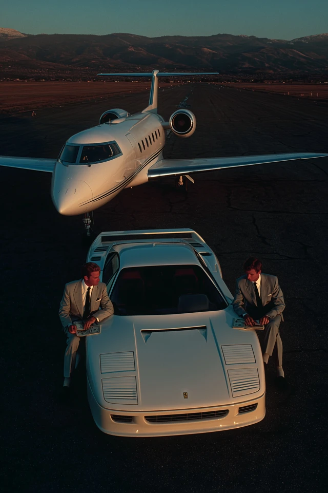 Ferrari F1 car parked beside a private jet, two businessmen in suits sitting on the jet wing reviewing documents and cash, runway stretching into distance, golden hour light, cinematic, ultra clean, minimalist composition, soft blur, vibrant and rich colors, soft grain