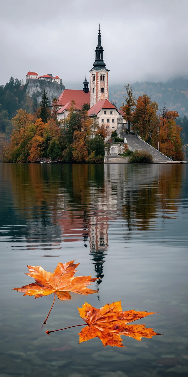 a full shot of an island church with a tall spire and red roofs on a lake with two large, orange maple leaves floating in the foreground. the sky is overcast and gray, reflecting faintly on the water. on the left side of the background, a castle is visible on a distant hill. the island church and the surrounding trees are clearly reflected on the calm water surface. the overall color palette is muted with contrasting bright orange leaves.