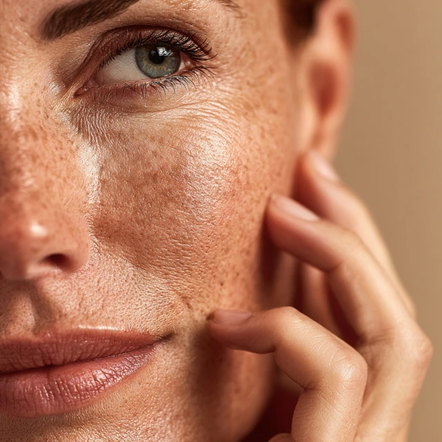 Ultra realistic extreme close-up of a woman around 30-35 years old, focusing on cheek, eye area and part of lips (tight crop, macro beauty shot, no full face). Skin is natural and detailed: visible pores, subtle texture, slight uneven tone, very light fine lines near the eye, healthy but not perfect skin. No smoothing, no blur, no plastic effect. Pose: her hand gently touching her cheek with fingertips (natural gesture, relaxed, elegant), fingers in frame but not dominating. Lighting: soft natural daylight from the side, slightly warm tone, creating delicate highlights and shadows that enhance skin texture. No studio flash, no harsh beauty lighting. Background: softly blurred, neutral but not flat beige - subtle depth (e.g. warm interior tones or soft shadows), creamy bokeh. Color palette: warm skin tones, natural, slightly editorial, premium aesthetic. Lens: macro beauty photography, shallow depth of field, ultra sharp focus on skin texture. Quality: ultra high resolution, 8k, sharp, detailed, realistic skin rendering. IMPORTANT: - no text - no filters - no glow effects - no over-retouching - no perfect "AI model" face - must look like real editorial skincare photography