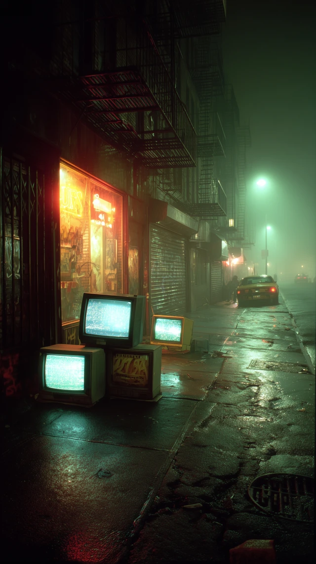 1990s old New York street at night, gritty urban atmosphere, cracked sidewalks, steaming manhole, broken stacked CRT televisions glowing with static on the street, vintage storefronts, wet asphalt reflecting neon, graffiti, old yellow cabs, fire escapes, cinematic moody photography, raw analog film look, realistic street documentary, subtle fog, photoreal, ultra detailed