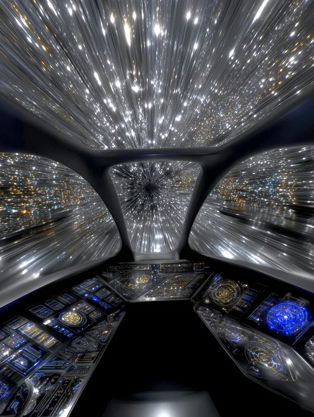 A futuristic spaceship cockpit view looking out at a dark blue background filled with an array of bright, sparkling lights of varying shades of white, yellow, and light blue. The lights are arranged in a grid-like pattern that converges towards a central point in the distance, creating a sense of depth and perspective, as if moving through a hyperspace tunnel or a vast digital network. The cockpit interior features a dark, angular design with multiple illuminated screens and controls, displaying holographic interfaces and complex data, suggesting advanced technology and a sophisticated user experience.