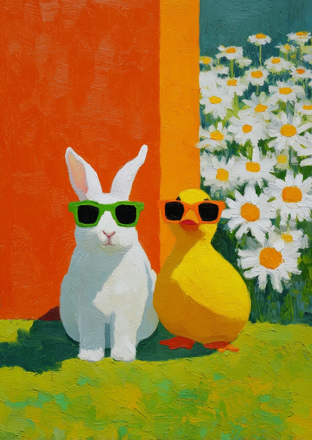 an oil painting with visible brushstrokes shows a white rabbit and a yellow duck, both wearing sunglasses. the rabbit wears green framed sunglasses and is on the left, while the duck wears orange framed sunglasses and is on the right. they are on a vibrant green, textured ground. behind them on the left is a solid orange structure, and above it, a plain white area. to the right of the orange structure, a field of white daisies with yellow centers is visible in the upper part of the green area.