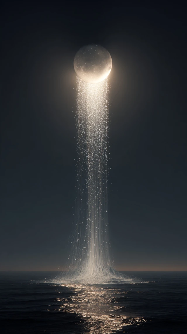 a colossal glowing moon suspended above an endless ocean, acting as a gravitational force that silently pulls the sea upward, the ocean surface forming a massive elegant vertical arc rising toward the sky, water transforming into thick flowing liquid curtains under extreme tension, clearly visible gravitational distortion in the air between moon and sea, the lower ocean remains deep, heavy and calm with subtle bioluminescent glow, upper water becomes lighter, more transparent and dissolves into particles of light as it ascends, no explosions, no chaos, pure silent impossible physics, sacred surreal atmosphere, cinematic composition with strong vertical symmetry, minimal and poetic, ultra detailed, soft volumetric lighting, 8k