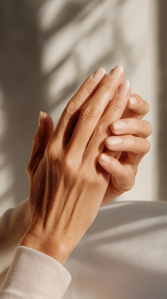 close-up of mature woman's hands applying white cream, visible skin texture, natural light from left, soft shadows, cream product on fingertips, no manicure, honest skin, editorial beauty photography, shot on Hasselblad, muted warm tones,