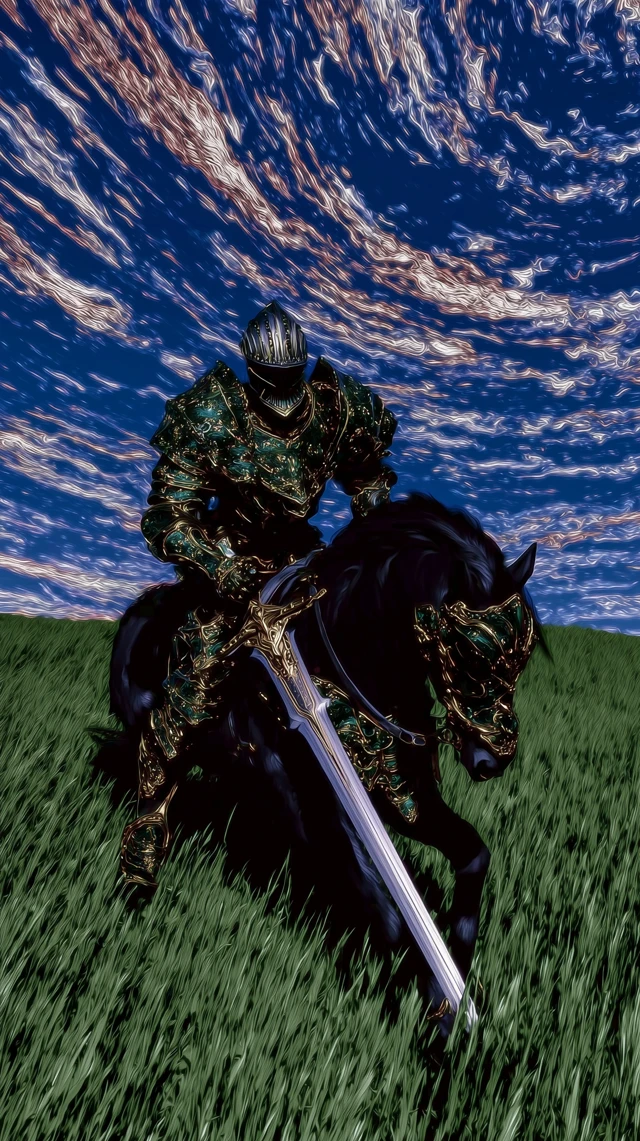 A long shot cinematic digital painting of a lone knight galloping a black horse through a green field, wind-swept grassy fieldornate obsidian and green gold armor. The knight holds a sword. The sky dark twilight filled with a dense, fiery meteor shower, with golden trails of light raining down. 8k resolution hyper realistic