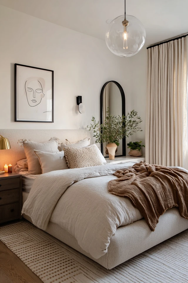 a neutral toned bedroom with warm lighting. a bed with a beige upholstered headboard and light beige bedding with a brown throw blanket is prominent. a textured pillow is on the bed. on the left nightstand, there's a brass lamp and a candle. a spherical glass pendant light hangs overhead. floor length beige curtains cover the wall behind the bed. on the right, a black arched mirror stands next to a framed line drawing of a face. a black minimalist lamp, potted plants, and candles are on the right nightstand. a striped beige rug is on the wooden floor.