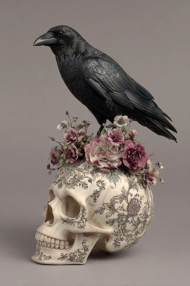 A crow on a skull; the skull is engraved with a floral pattern and there are flowers growing in it.