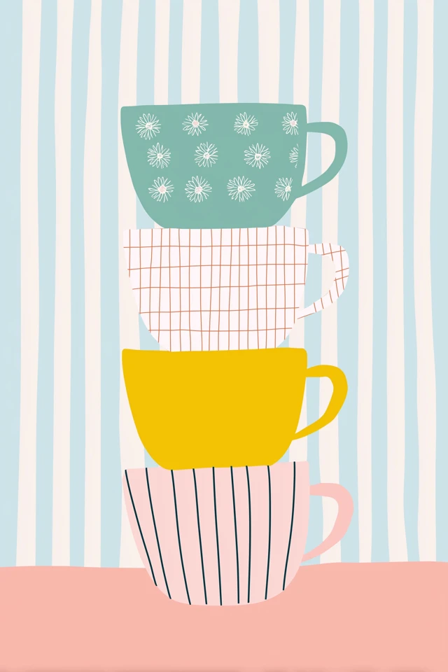 modern Scandinavian children's nursery poster, three stacked cups only, clean and balanced composition, cups slightly tilted but stable, simple geometric shapes, bottom cup with vertical stripes, middle cup with subtle grid pattern, top cup with minimal floral pattern, patterns evenly spaced and harmonious, no faces, no eyes, no smile, clean flat vector illustration, smooth solid color fills, no texture, no grain, bright but balanced color palette (soft blue, warm yellow, blush pink, fresh green), consistent line rhythm in patterns, light striped background with soft blue and white vertical stripes, soft pink surface at the bottom, premium Etsy kids wall art, minimal but visually pleasing design, no text