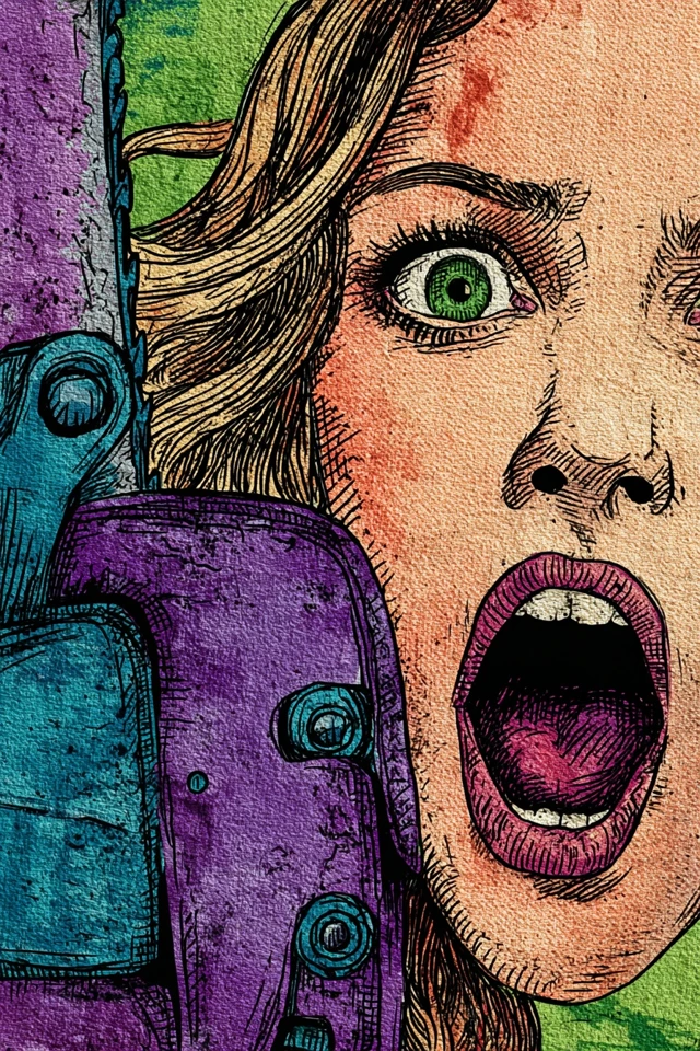 horror movie film poster,a cheerleader with a chainsaw style serial killer,spooky,scary,horrific,dark,frightening