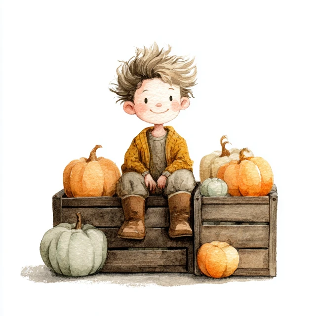 watercolor illustration clipart of a sweet autumn boy with tousled hair sitting with pumpkins and crate, dressed in mustard and brown tones, single object, isolate on white background, subtle 3D depth