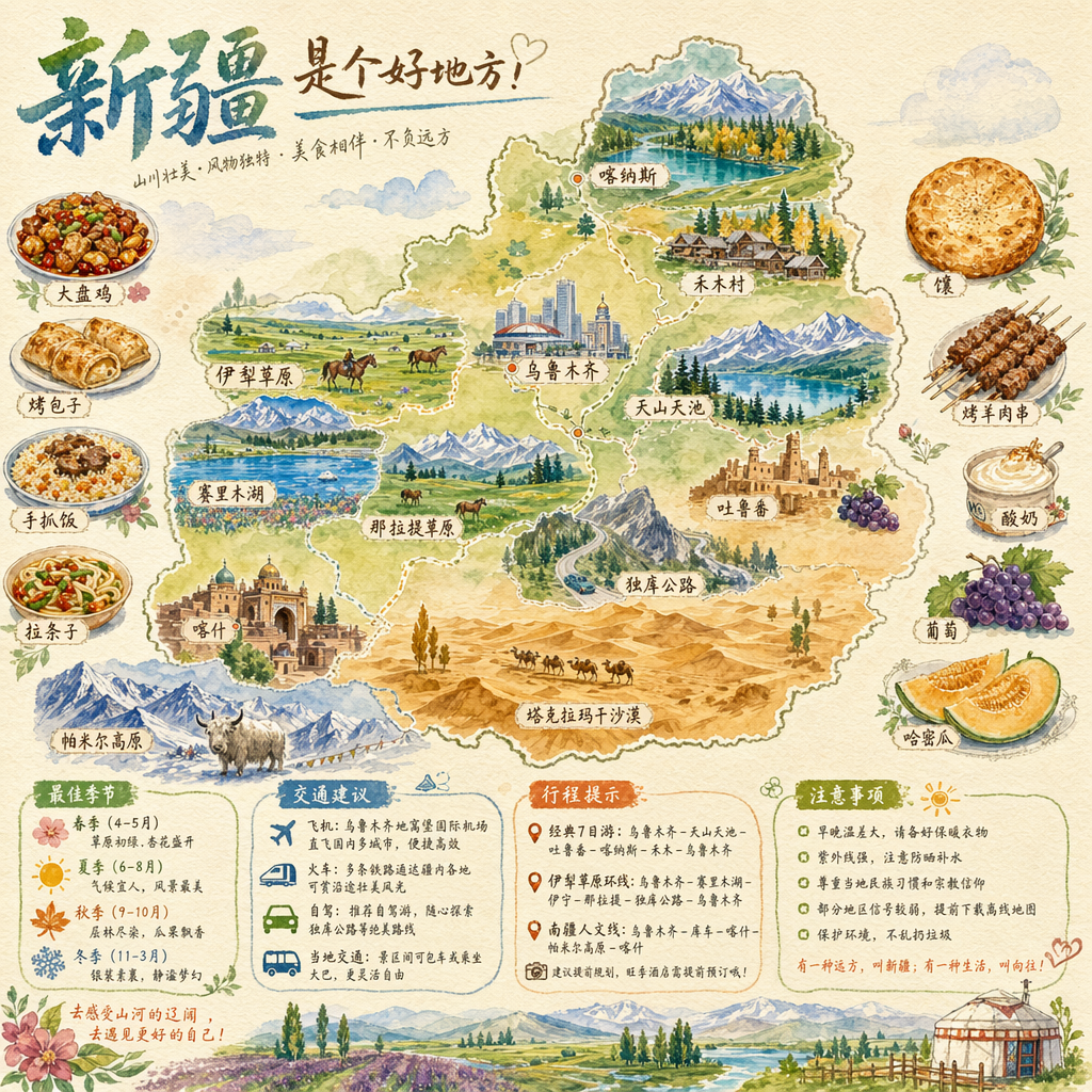 生成一张新疆的手绘水彩风格的旅游地图，包含美食、攻略、重点景点的内容