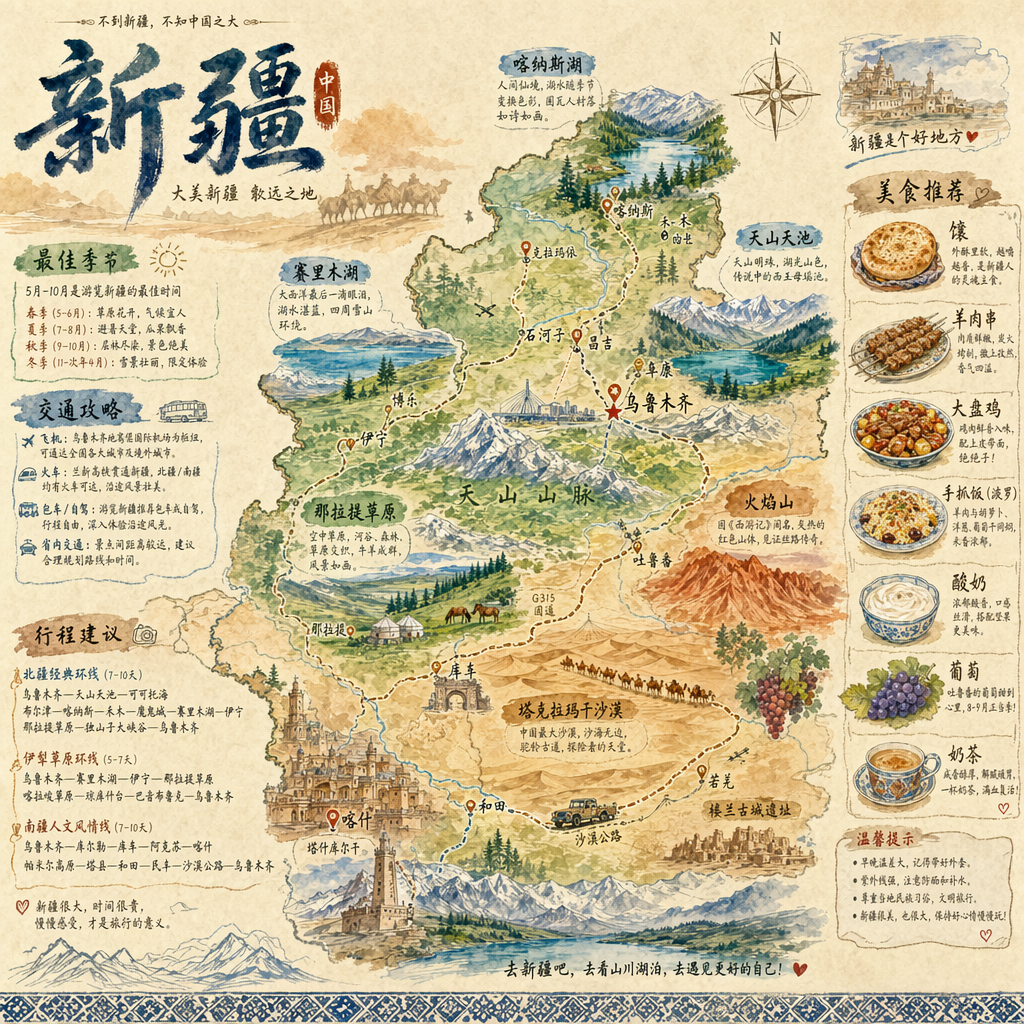 生成一张新疆的手绘水彩风格的旅游地图，包含美食、攻略、重点景点的内容