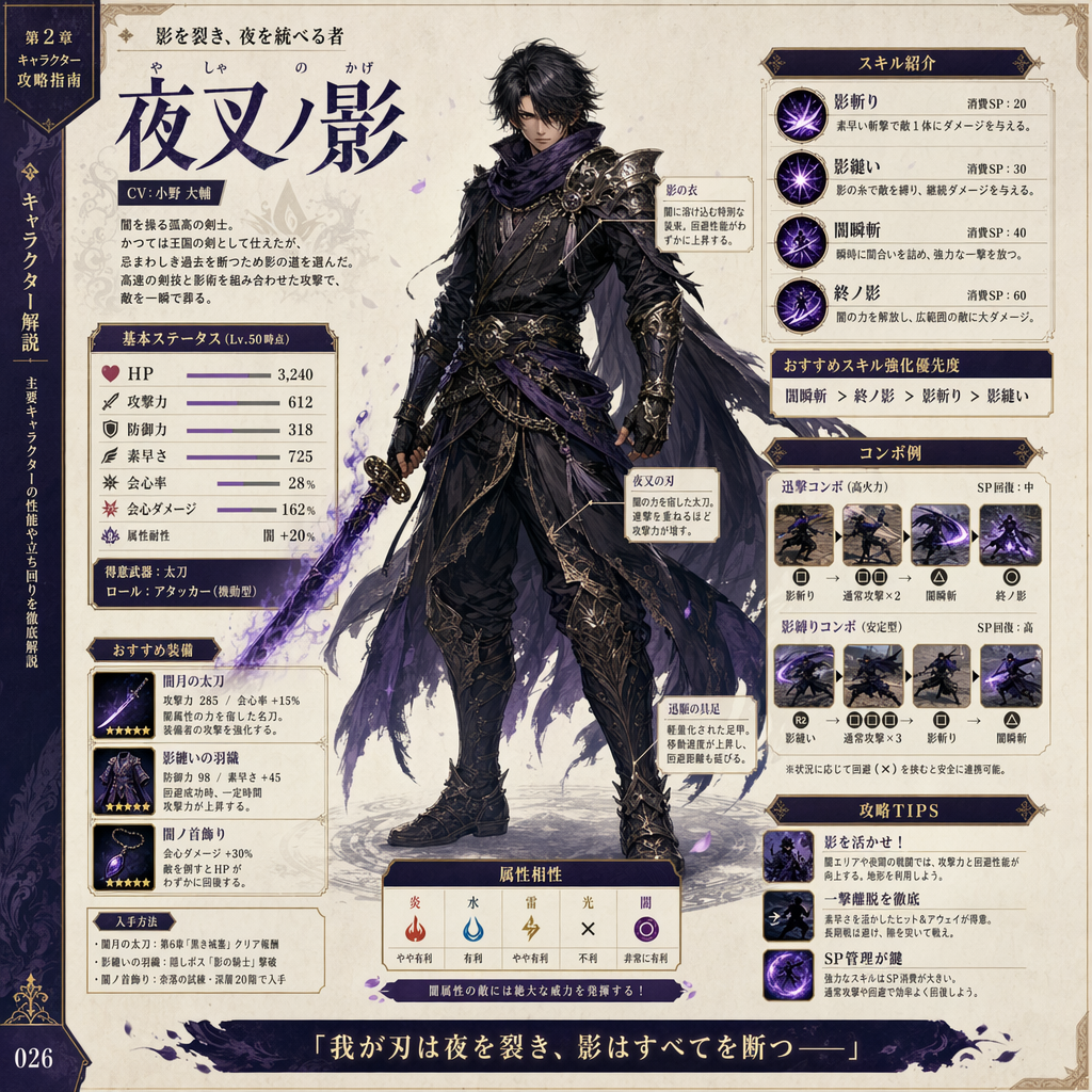 Generate a vertical page of a game strategy guide, with this character's full body as the main visual. Use a beautiful grid design, clear and concise typography, illustrations, and Japanese text.