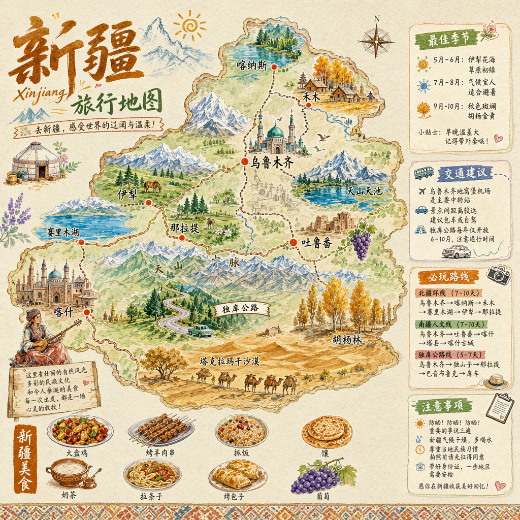 生成一张新疆的手绘水彩风格的旅游地图，包含美食、攻略、重点景点的内容