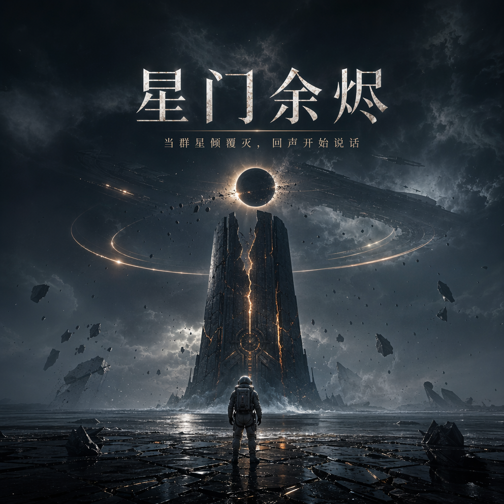创作一张优质的竖版科幻电影海报，电影主视觉图，2:3 比例。

用途：收藏级科幻电影海报。

场景：一位孤独的宇航员站在遥远系外行星破碎的黑色玻璃海岸线上，面对着从黑暗海洋中升起的巨大外星巨石。巨石上方是破碎的日食、细细的光环、漂浮的轨道碎片，以及隐藏在风暴云中的巨型星舰的模糊轮廓。

主体：宇航员虽然体型较小，但位于视觉中心，从背后拍摄，银色边缘光勾勒出头盔和宇航服的轮廓。巨石巨大、古老、寂静而神秘，深邃的裂缝中透出柔和的琥珀色光芒。

构图：强烈的中心轮廓，低角度的电影透视，人类与外星建筑之间强烈的比例对比，深邃的大气景深，上三分之一处留出大片空白用于标题，底部留出小巧的装饰性演职员表区域。

风格：高端IMAX科幻电影海报，逼真的电影摄影与精致的海报设计相结合，营造出冷峻的蓝黑色太空氛围，克制的琥珀色高光，立体感十足的雾气，雨滴般的颗粒，细腻的胶片颗粒，优雅而富有存在主义气息，不显杂乱。

文字要求：

主标题出现一次，位于上方三分之一处：“星门余烬”

副标题出现一次，位于其下方：“当群星倾覆灭，回声开始说话”

字体：醒目的现代中文标题，清晰的高对比度字体，略微留白，优雅的影院海报布局。标题和副标题必须完整、清晰易读且无错别字。

避免：不得提及任何现有系列作品，不得使用真实演员肖像，不得添加任何随机的标志，不得添加水印，不得添加任何额外的可读文字，不得重复使用标题，不得使用廉价的霓虹赛博朋克风格，不得使用杂乱的背景，不得使用卡通风格。