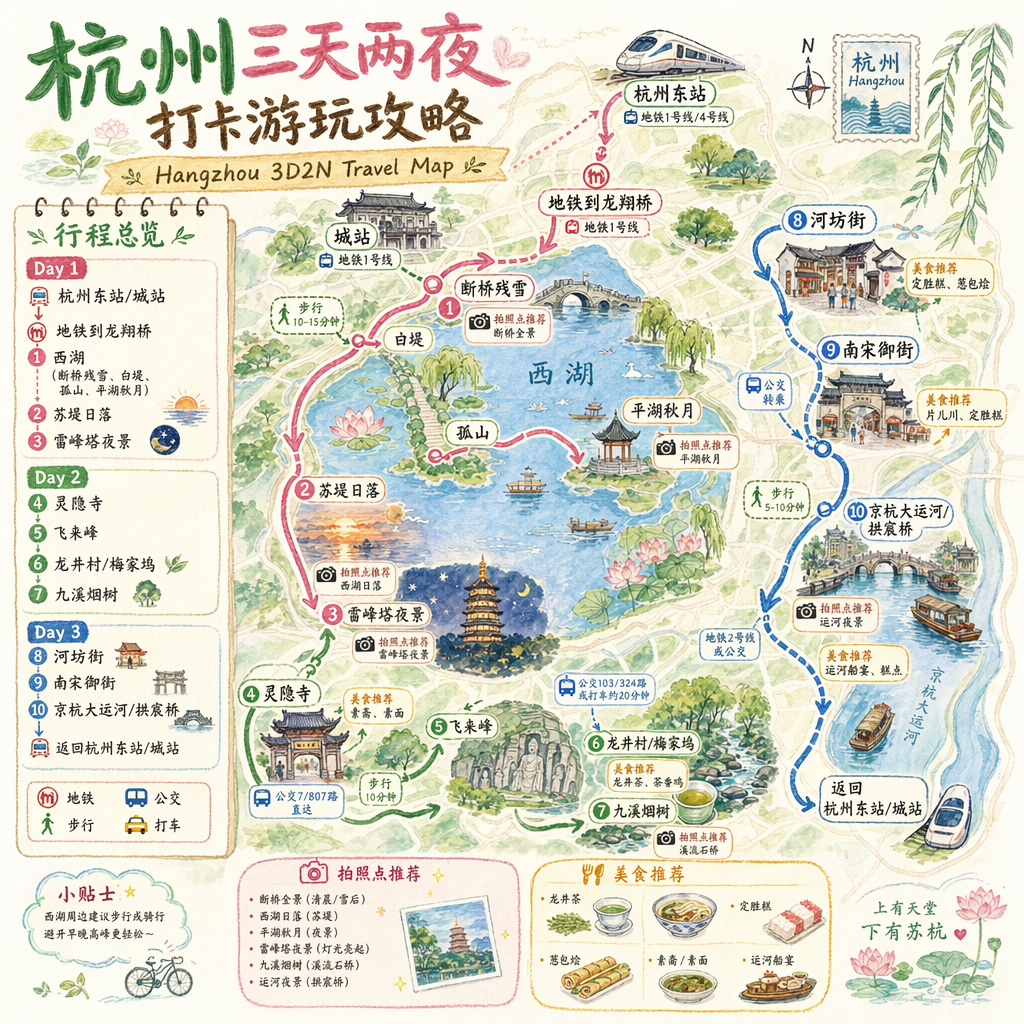 帮我生成一份杭州旅游地图，要求手绘风格，三天两夜打卡游玩攻略。带上路线标注，配上经典景点图片，配上公共交通工具，标注公共交通工具路线，不走回头路。