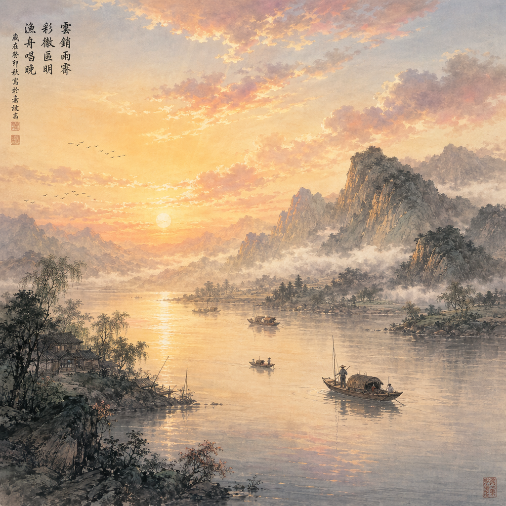 云销雨霁，彩彻区明，渔舟唱晚，我很喜欢这几句文字，帮我根据这几句话的意境，帮我生成图片。要求古风，画面和谐