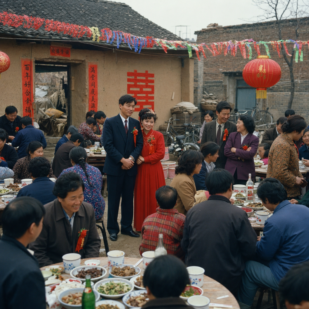 我是出生在1997年的中部农村女孩，最近经常听到妈妈说到那个年代他们结婚的事情，可是我哪个时候没有记忆，请根据公开资料，帮我生成96年中部农村家庭家里结婚的场景，我很期待看到爸爸妈妈结婚的场景。要求风格写实。