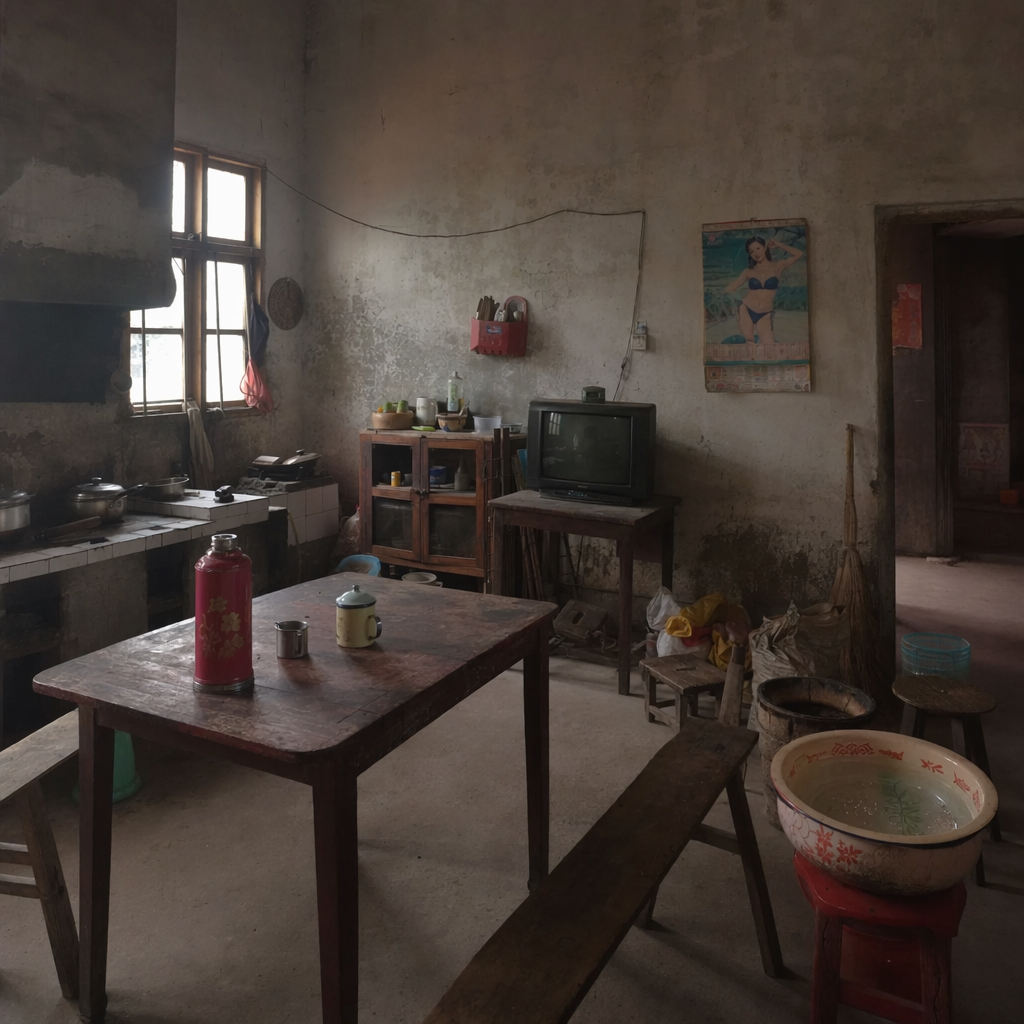 我很喜欢《漫长的季节》这部电视剧的风格，按照这个风格，还原这个年代，中部农村地区家里的景象，要求风格尽可能写实