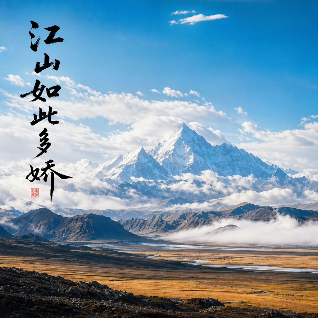 参考视觉中国的图片，帮我生成一张中国自然风景照，要求大气磅礴，有雪山，蓝天，白云，空旷，题词江山如此多娇，符合这个风景