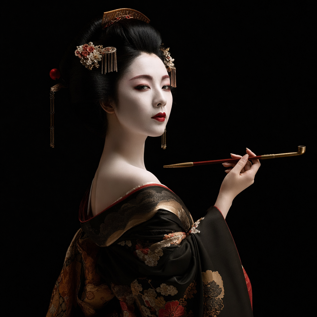 参考《艺伎回忆录》，帮我生成一张日本艺妓的3D写真图，背景简洁，黑色背景有光照打下来，背景有明暗对比，艺妓姿势妖娆，手拿烟斗。