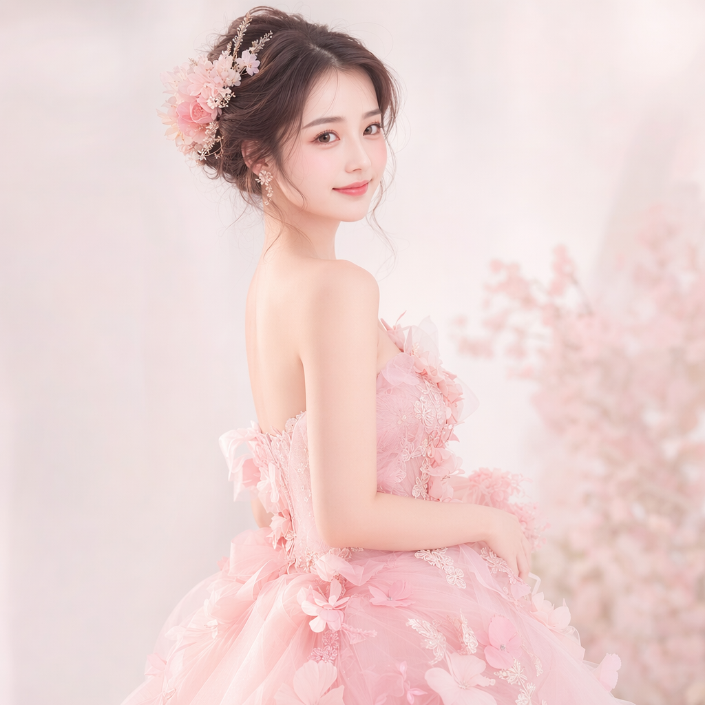 我很喜欢海马体风格的写真，参考公开资料，我想要生成一张写真，身穿粉色花神婚纱，妆容娇俏甜美，背景光线柔和